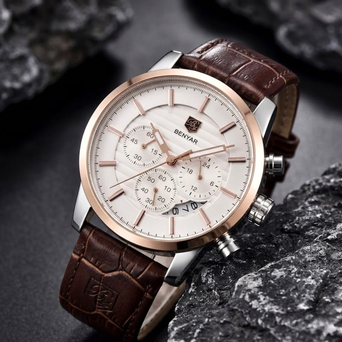 BENYAR 5104 Men’s Business Three Chronograph Sub Dial Watch Gold and White Leather Strap