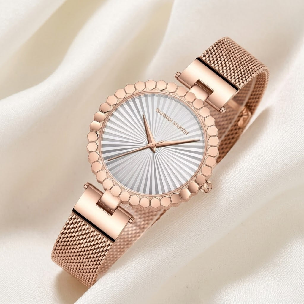 HANNAH MARTIN 1571 Women’s Fashion Watch – Unique Simple Design with Japanese Quartz & Stainless Steel Rose Gold and White