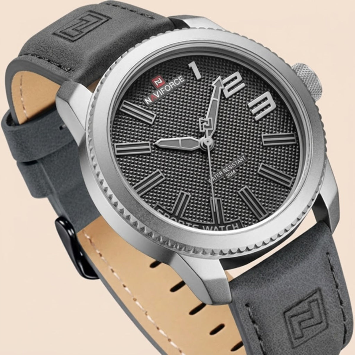 NAVIFORCE 9202L Men’s Fashion Quartz Watch – Waterproof Analog Sport Wristwatch with Leather Strap & Date Silver and Gray