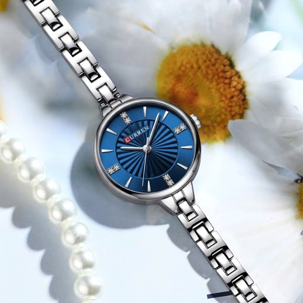 CURREN 9097 Women’s Luxury Fashion Watch – High-Quality Stainless Steel Quartz Wristwatch (3ATM Waterproof) Silver and Blue