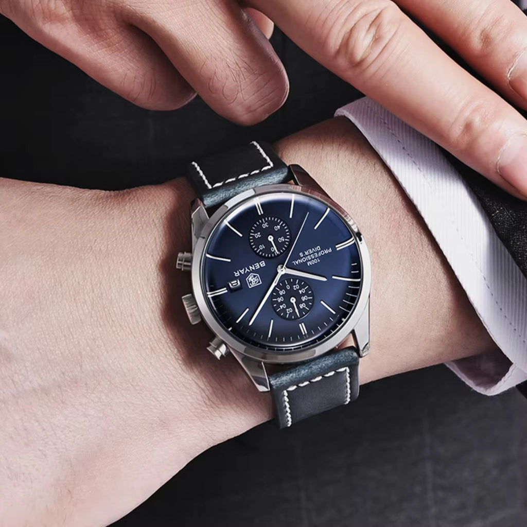 BENYAR 5187 Men’s Luxury Quartz Watch – Leather Band with Chronograph - Blue Dial