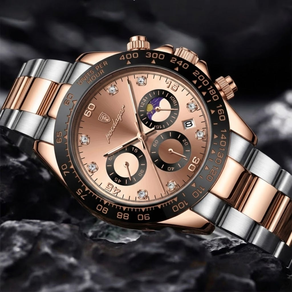 POEDAGAR 629 Men’s Luxury Sport Watch – Stainless Steel Chronograph Quartz with Luminous Date & Waterproof Rose Gold Dial