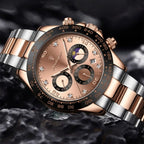 POEDAGAR 629 Men’s Luxury Sport Watch – Stainless Steel Chronograph Quartz with Luminous Date & Waterproof Rose Gold Dial