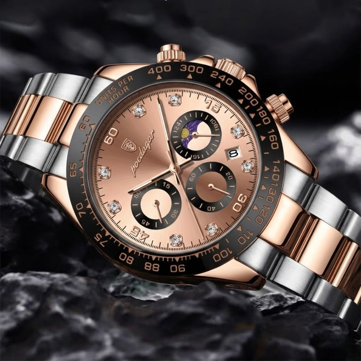 POEDAGAR 629 Men’s Luxury Sport Watch – Stainless Steel Chronograph Quartz with Luminous Date & Waterproof Rose Gold Dial