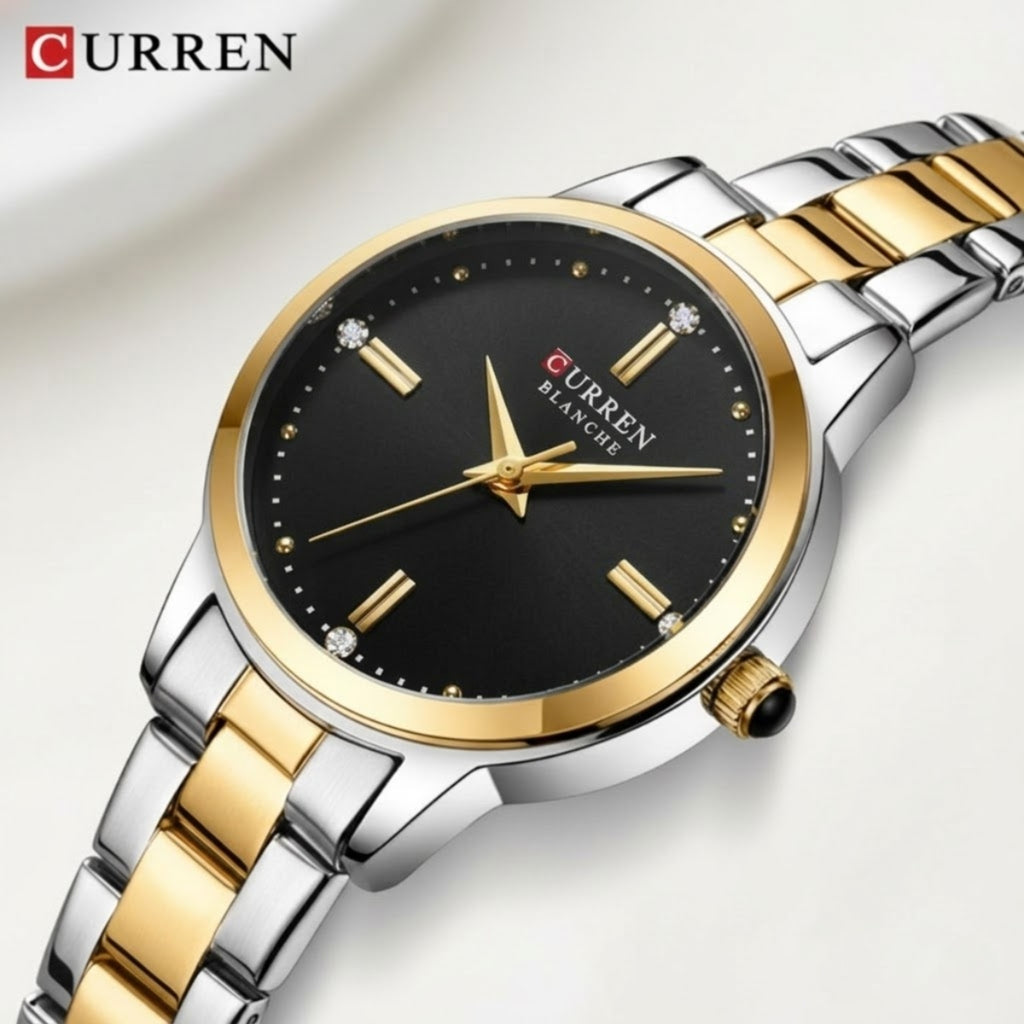 CURREN 9094 Ladies Luxury Watch – Original Stainless Steel Bracelet with Diamond Accents & Quartz Movement Black Dial