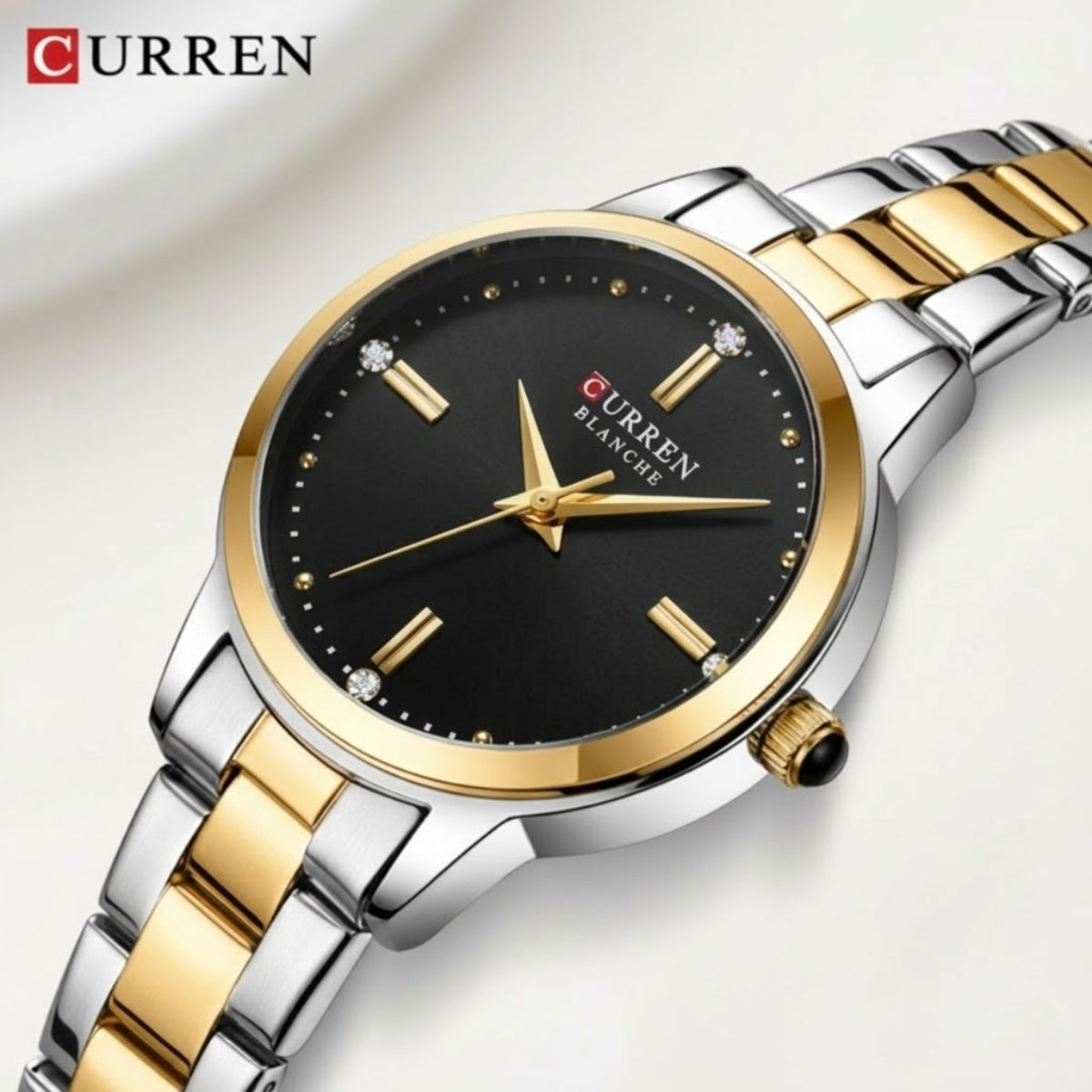 CURREN 9094 Ladies Luxury Watch – Original Stainless Steel Bracelet with Diamond Accents & Quartz Movement Black Dial