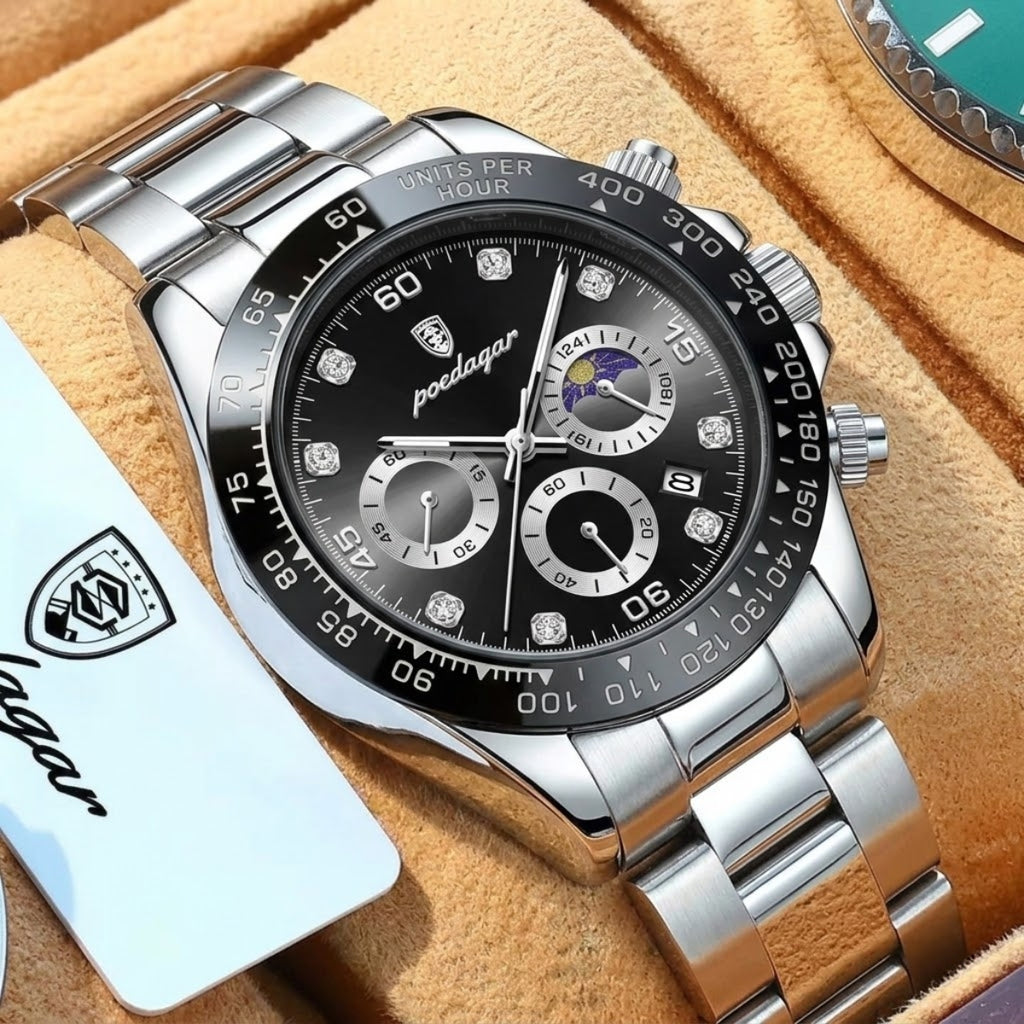 POEDAGAR 629 Men’s Luxury Sport Watch – Stainless Steel Chronograph Quartz with Luminous Date & Waterproof Silver and Black