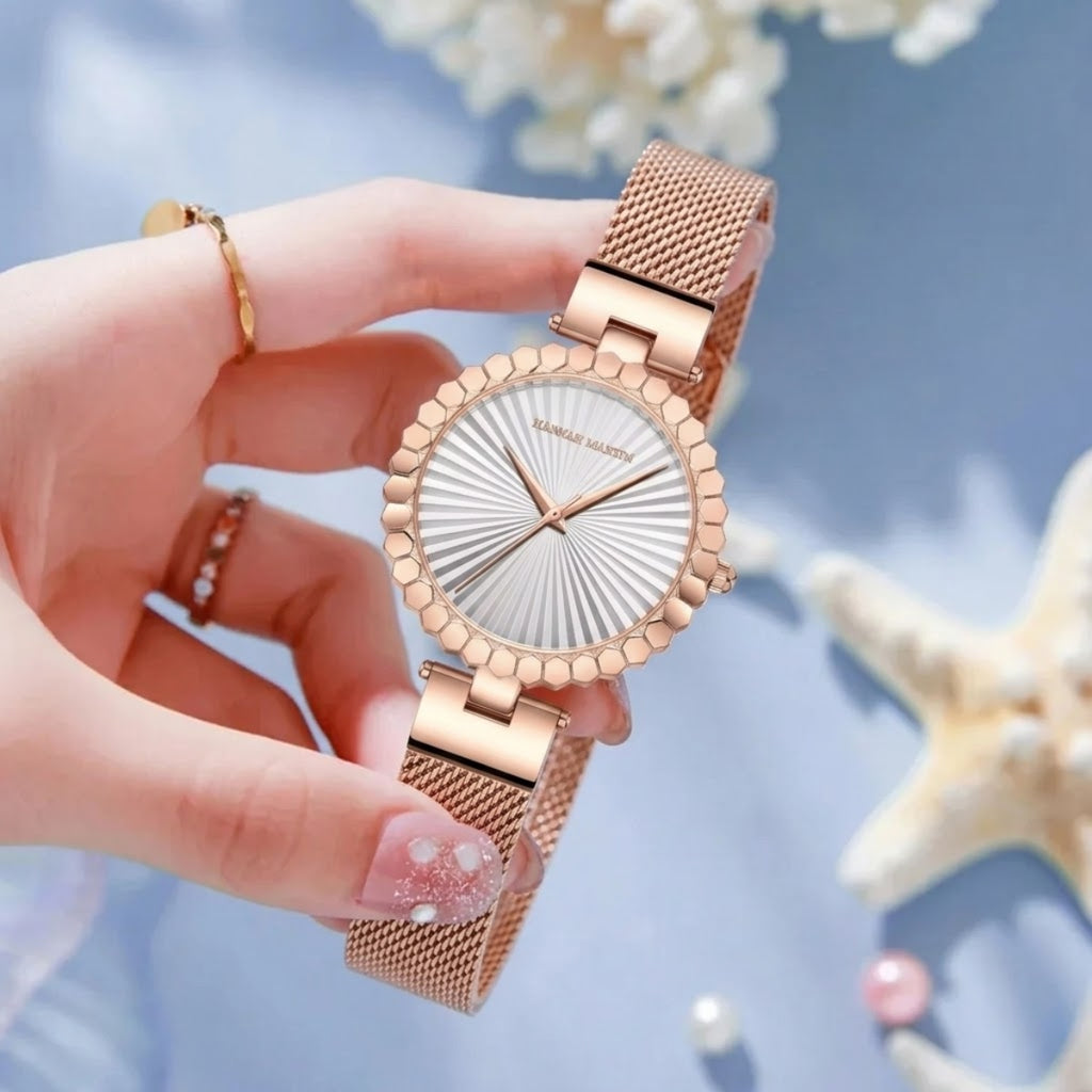 HANNAH MARTIN 1571 Women’s Fashion Watch – Unique Simple Design with Japanese Quartz & Stainless Steel Rose Gold and White