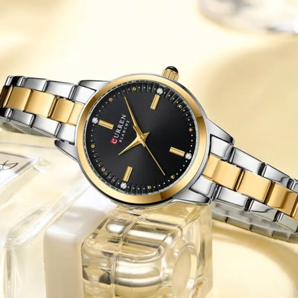 CURREN 9094 Ladies Luxury Watch – Original Stainless Steel Bracelet with Diamond Accents & Quartz Movement Black Dial