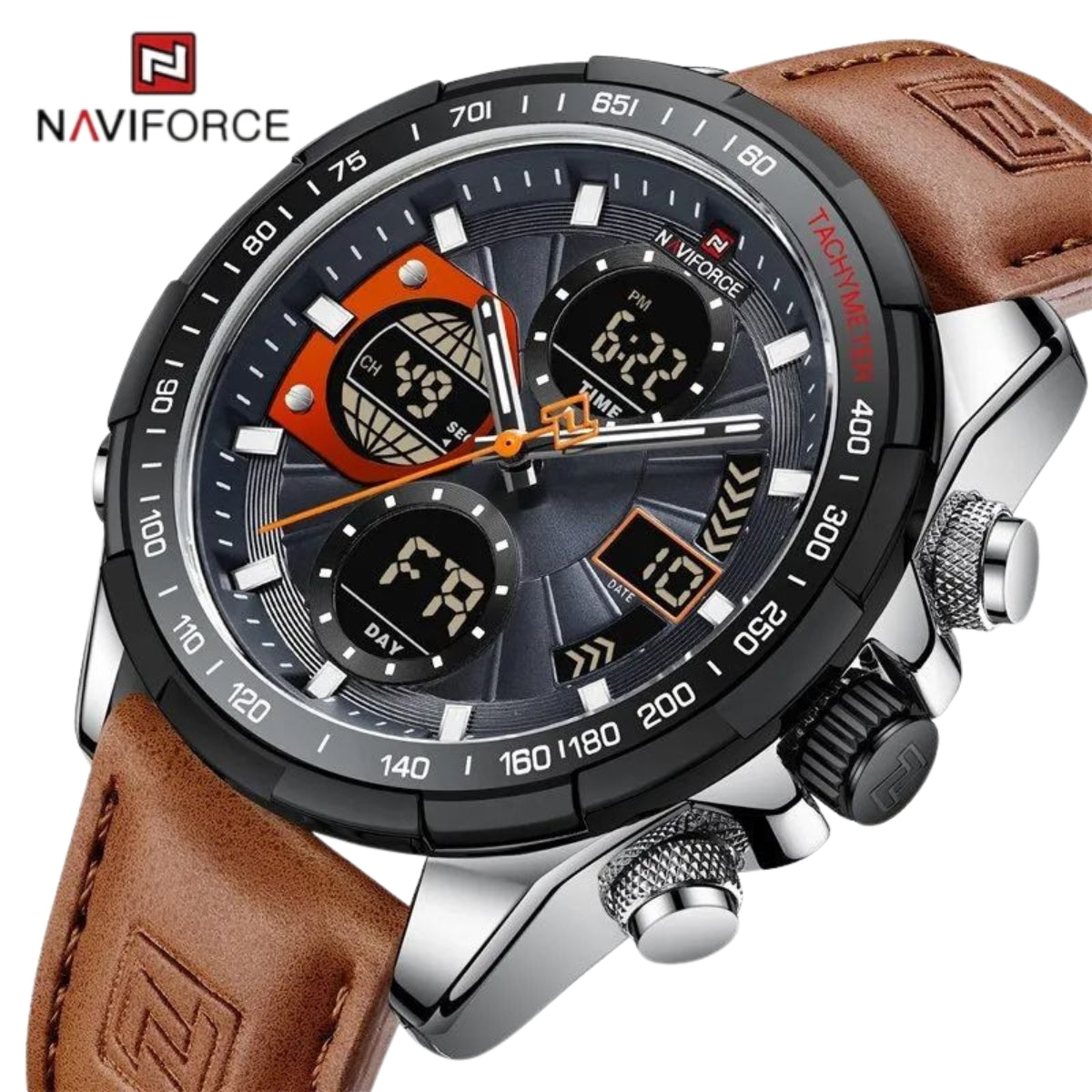 NAVIFORCE 9197 Men’s Dual-Display Watch – Luxury Analog-Digital Chronograph with Alarm & Waterproof Black and Brown