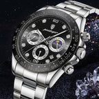 POEDAGAR 629 Men’s Luxury Sport Watch – Stainless Steel Chronograph Quartz with Luminous Date & Waterproof Silver and Black