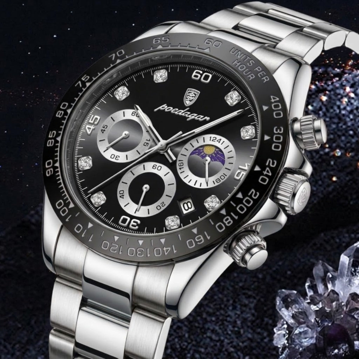 POEDAGAR 629 Men’s Luxury Sport Watch – Stainless Steel Chronograph Quartz with Luminous Date & Waterproof Silver and Black