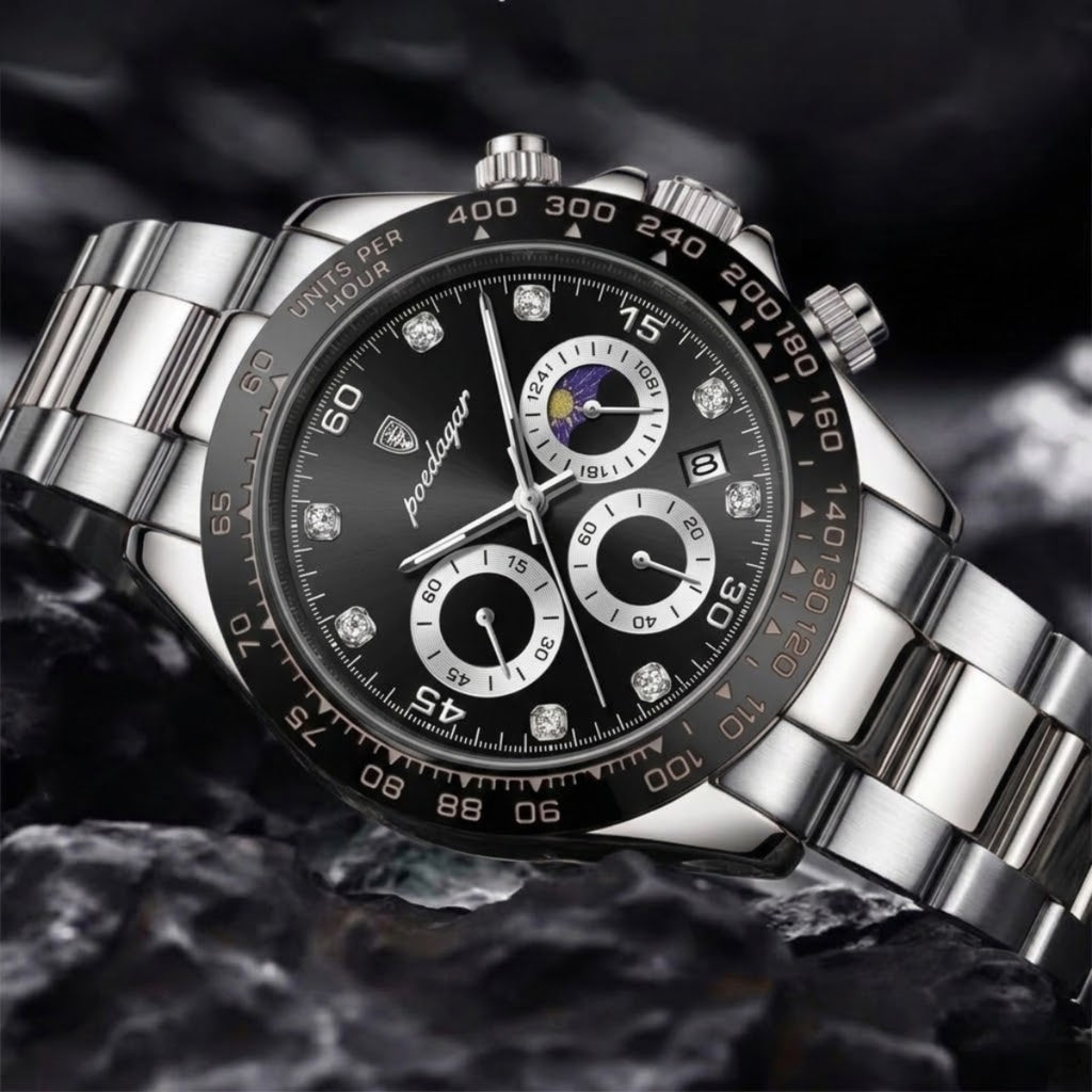 POEDAGAR 629 Men’s Luxury Sport Watch – Stainless Steel Chronograph Quartz with Luminous Date & Waterproof Silver and Black