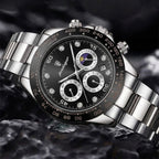POEDAGAR 629 Men’s Luxury Sport Watch – Stainless Steel Chronograph Quartz with Luminous Date & Waterproof Silver and Black