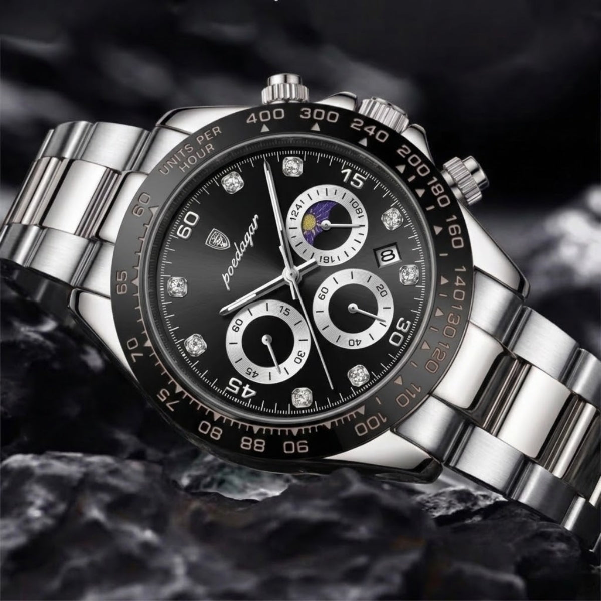 POEDAGAR 629 Men’s Luxury Sport Watch – Stainless Steel Chronograph Quartz with Luminous Date & Waterproof Silver and Black