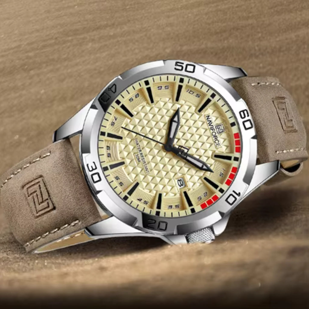 NAVIFORCE 8023 Men’s Original Fashion Watch – Waterproof Quartz Leather Wristwatch with Calendar Khaki
