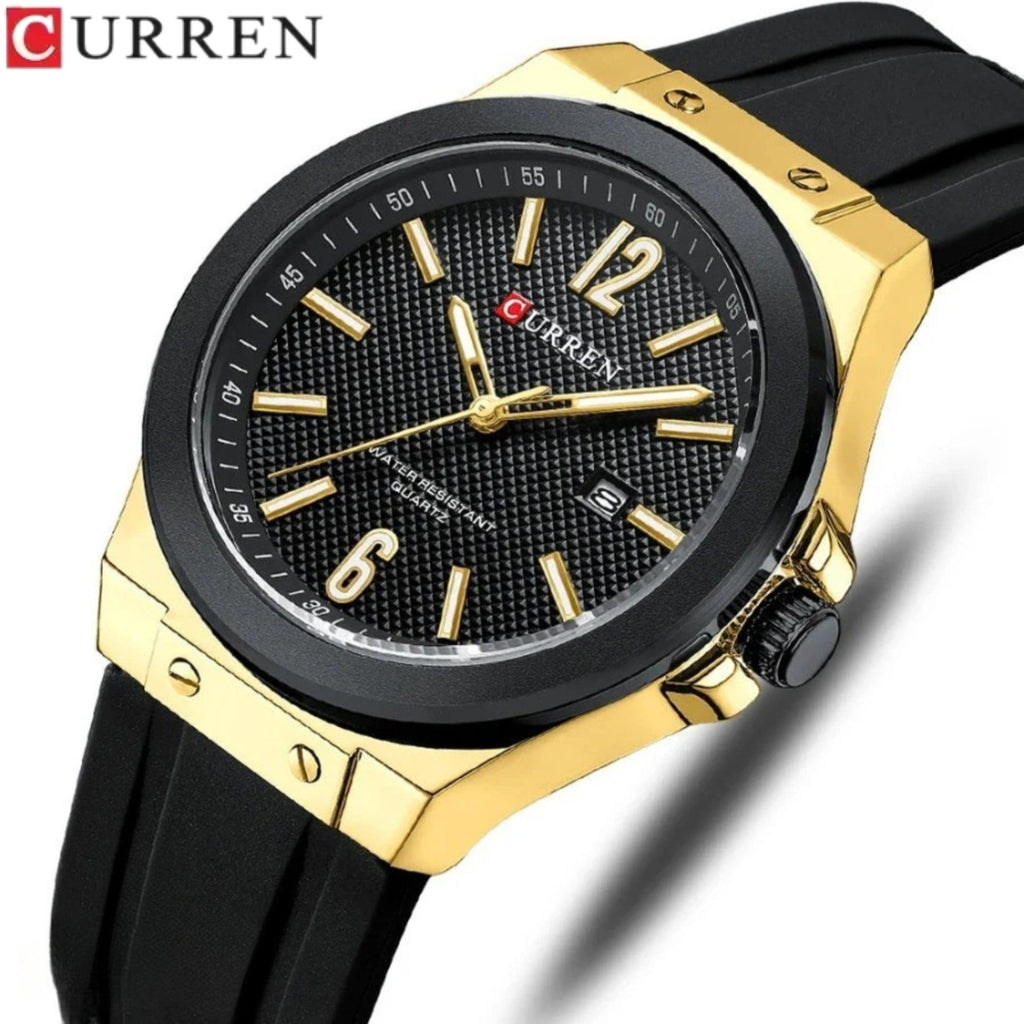 CURREN 8467 Men Watch Waterproof Quartz Silicone Strap Black and Gold