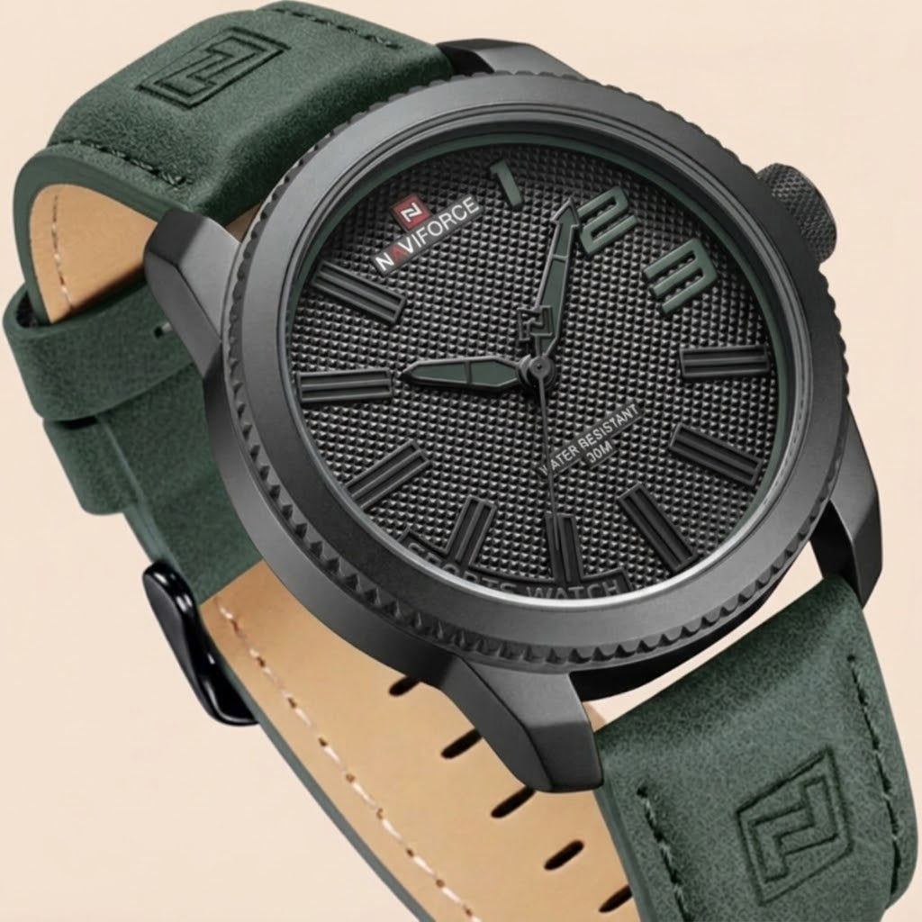 NAVIFORCE 9202L Men’s Fashion Quartz Watch – Waterproof Analog Sport Wristwatch with Leather Strap & Date Green