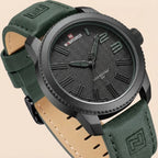 NAVIFORCE 9202L Men’s Fashion Quartz Watch – Waterproof Analog Sport Wristwatch with Leather Strap & Date Green