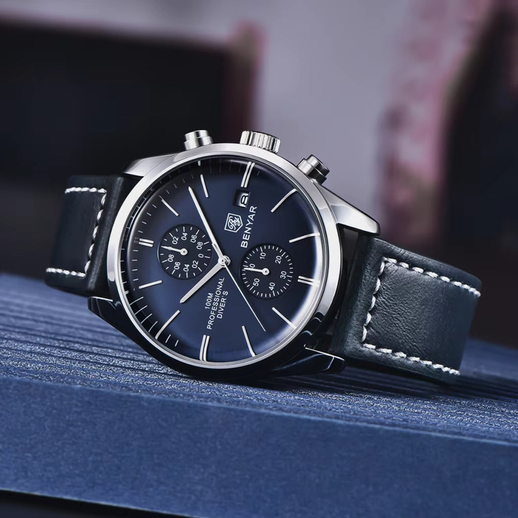 BENYAR 5187 Men’s Luxury Quartz Watch – Leather Band with Chronograph - Blue Dial
