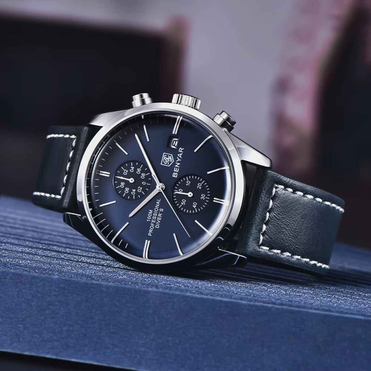 BENYAR 5187 Men’s Luxury Quartz Watch – Leather Band with Chronograph - Blue Dial