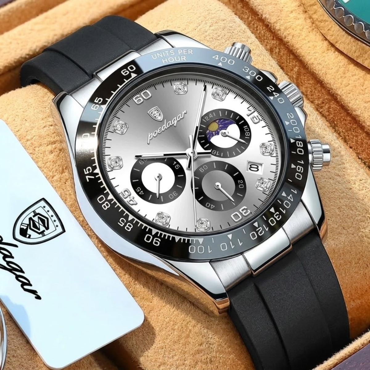 POEDAGAR 629 Men’s Luxury Sport Watch – Stainless Steel Chronograph Quartz with Luminous Date & Waterproof Silver Dial