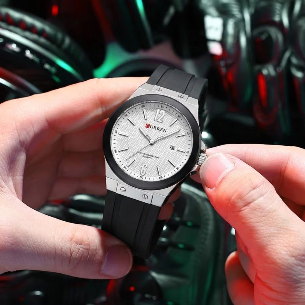 CURREN 8467 Men Watch Waterproof Quartz Silicone Strap Black and White