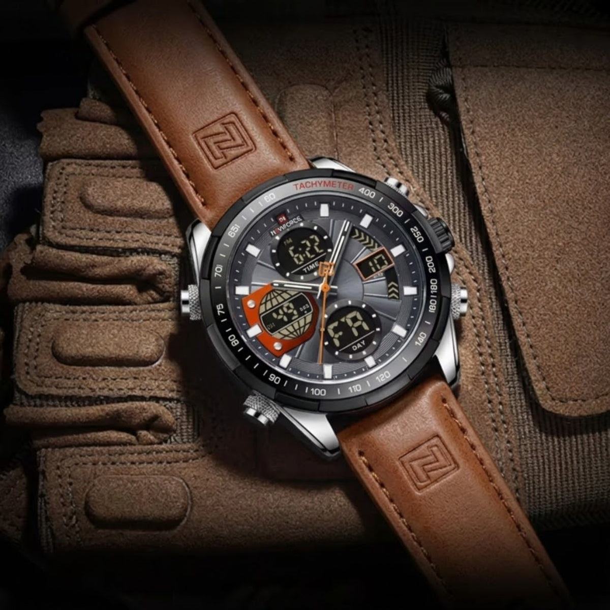 NAVIFORCE 9197 Men’s Dual-Display Watch – Luxury Analog-Digital Chronograph with Alarm & Waterproof Black and Brown