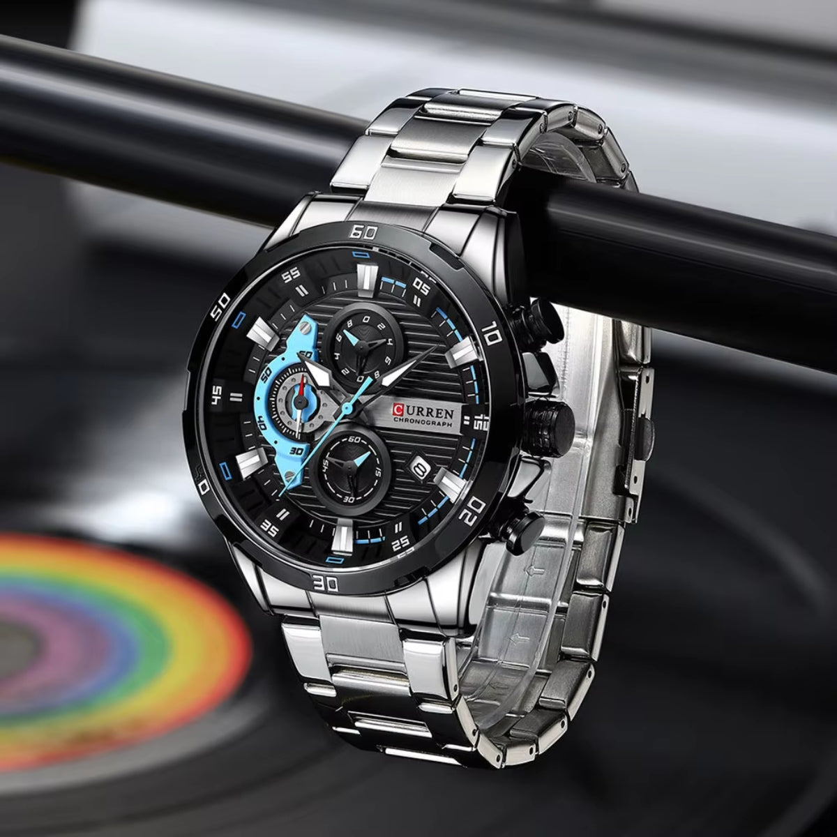 CURREN 8402 Men Watch Quartz Stainless Steel Chronograph Waterproof Wrist Watch Luminous Sport Black Dial