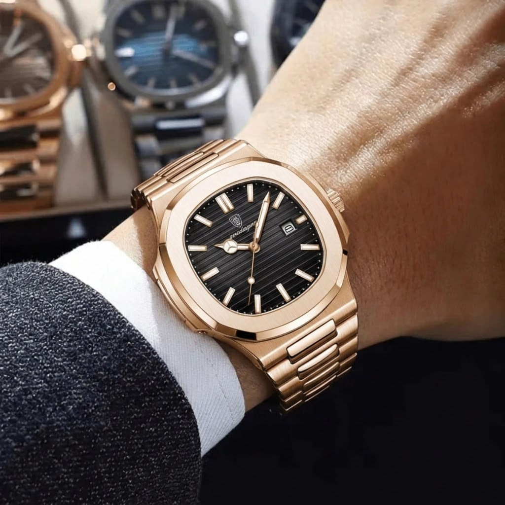 Poedagar 613 Men’s Luxury Stainless Steel Watch – Waterproof Quartz Wristwatch with Luminous Dial Rose Black