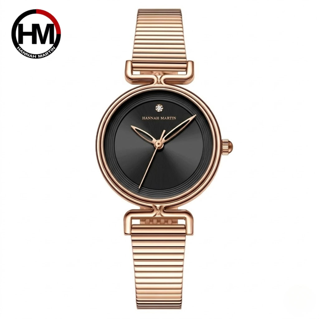 Hannah Martin 1561 Women’s Retro Fashion Watch – Simple European Style Light Luxury Round Quartz Wristwatch Rose Gold and Black