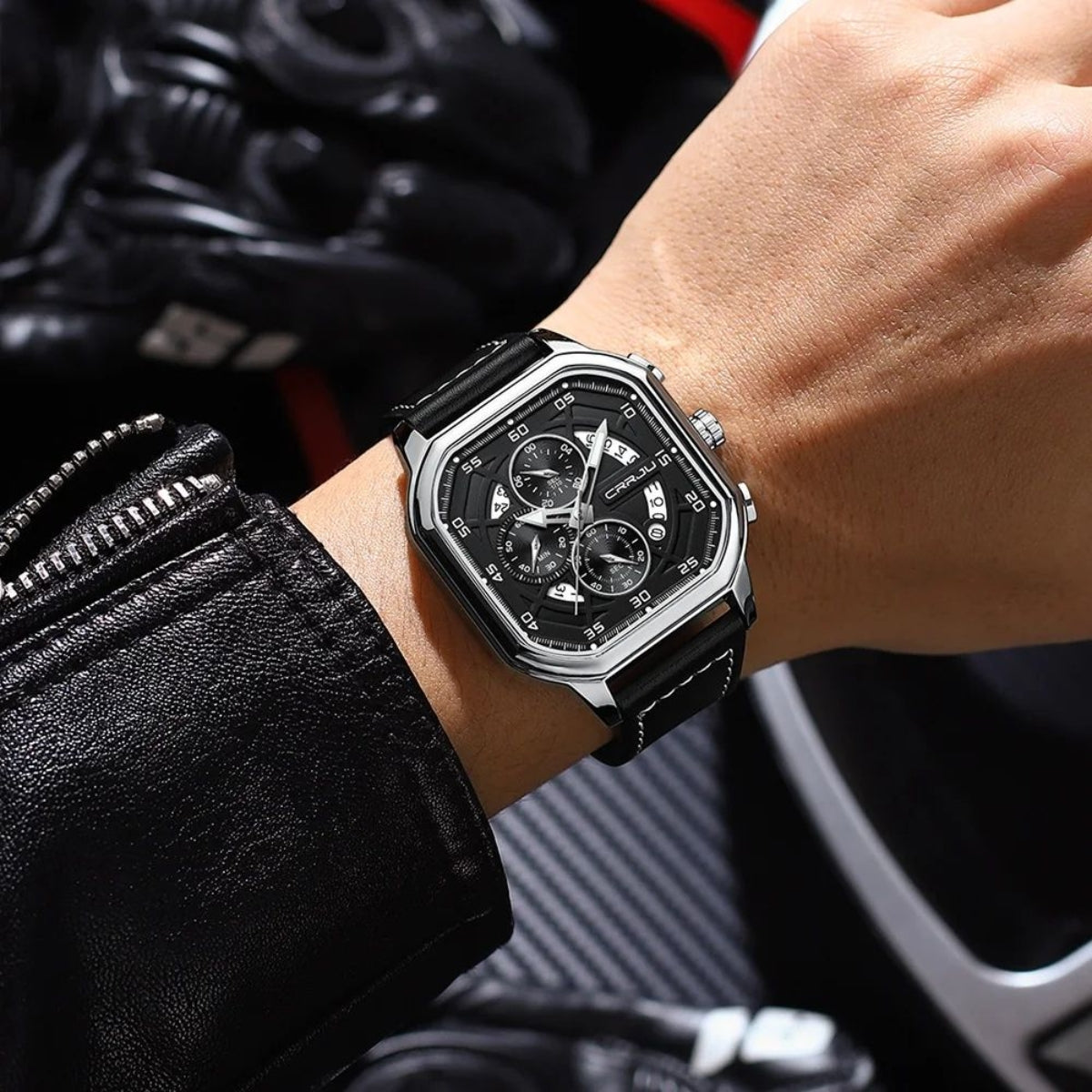 CRRJU 2314 Men’s Luxury Chronograph Watch – 3ATM Waterproof, Luminous Hands, Complete Calendar, Fashion Wristwatch Black Silver
