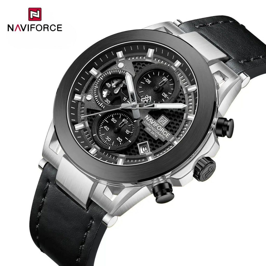 NAVIFORCE 8073 Men’s Skeleton Watch – Original Brand Quartz Wristwatch with Leather Strap & Chronograph