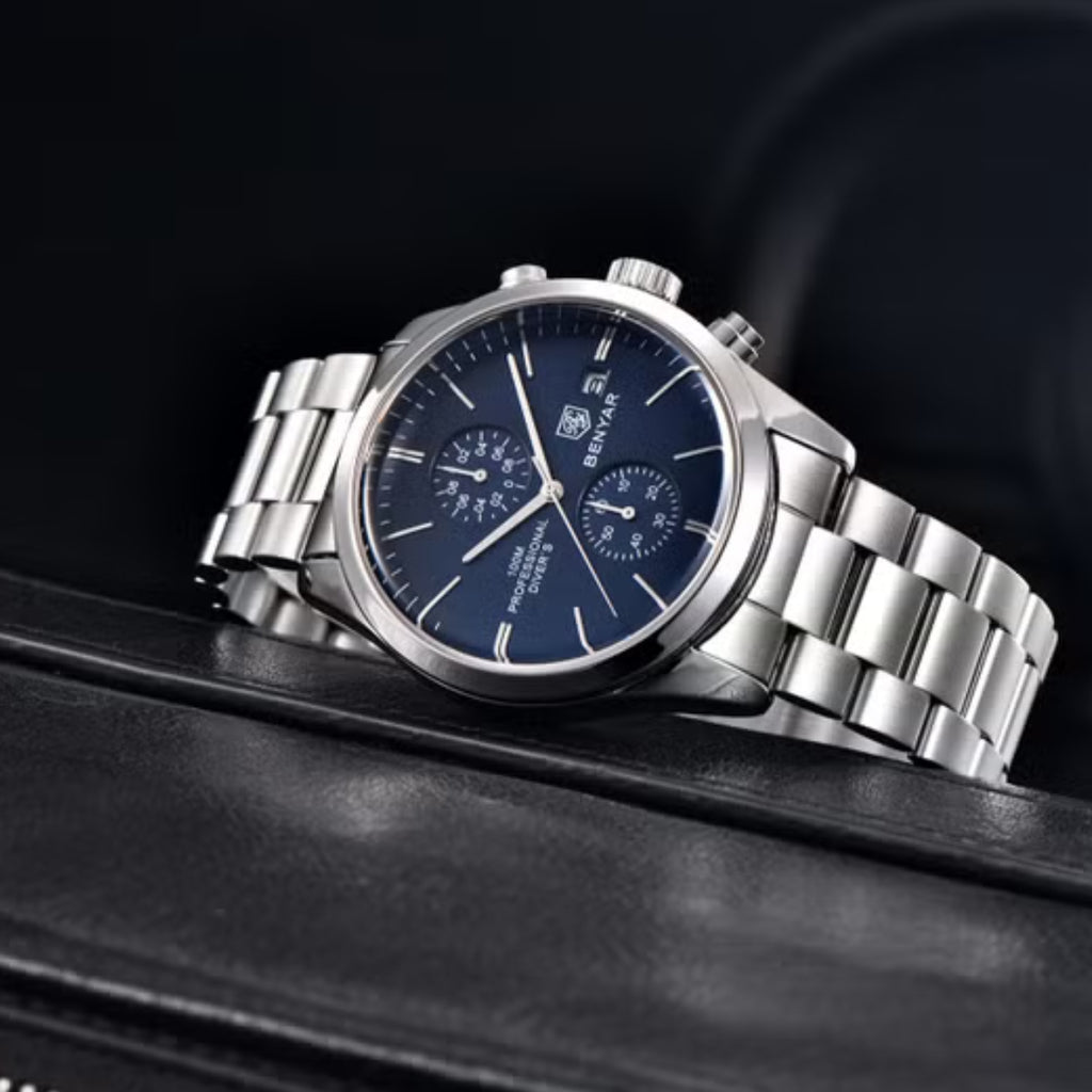 BENYAR 5187 Men’s Luxury Quartz Watch – Stainless Steel Band Chronograph Blue Dial