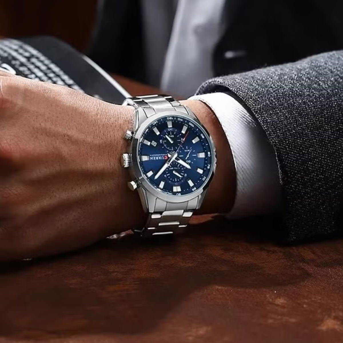 CURREN 8445 Men’s Casual Sport Chronograph Watch Stainless Steel Band with Auto-Date and Blue Dial