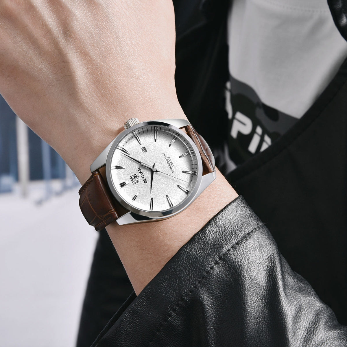 Benyar 5163 Men’s Minimalist Watch – Brown Leather Strap & White Dial