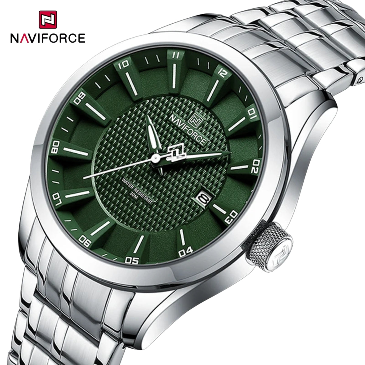 NAVIFORCE 8032 Men’s Stainless Steel Watch – Original Quartz Business Wristwatch - Silver and Green