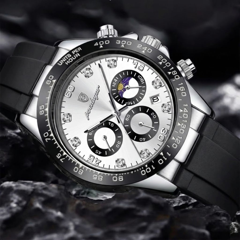 POEDAGAR 629 Men’s Luxury Sport Watch – Stainless Steel Chronograph Quartz with Luminous Date & Waterproof Silver Dial