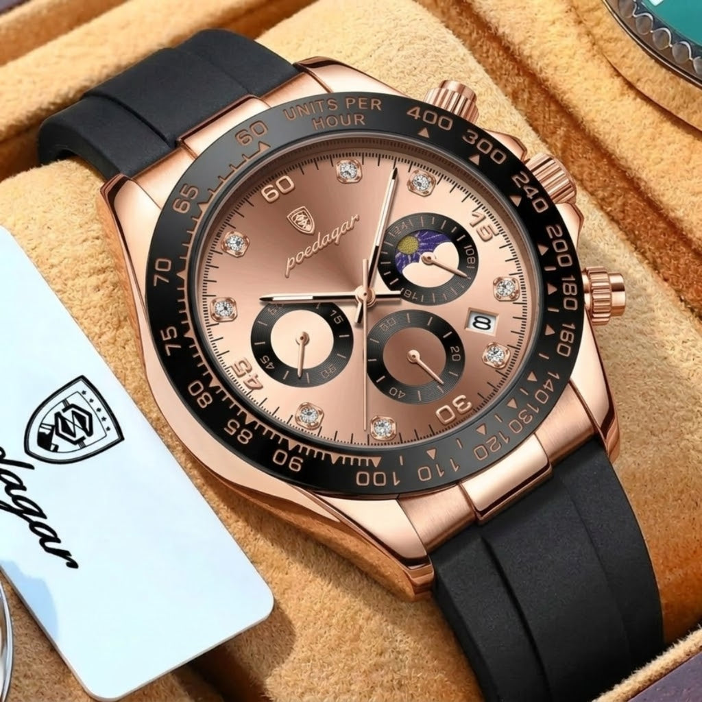 POEDAGAR 629 Men’s Luxury Sport Watch – Stainless Steel Chronograph Quartz with Luminous Date & Waterproof Rose Gold