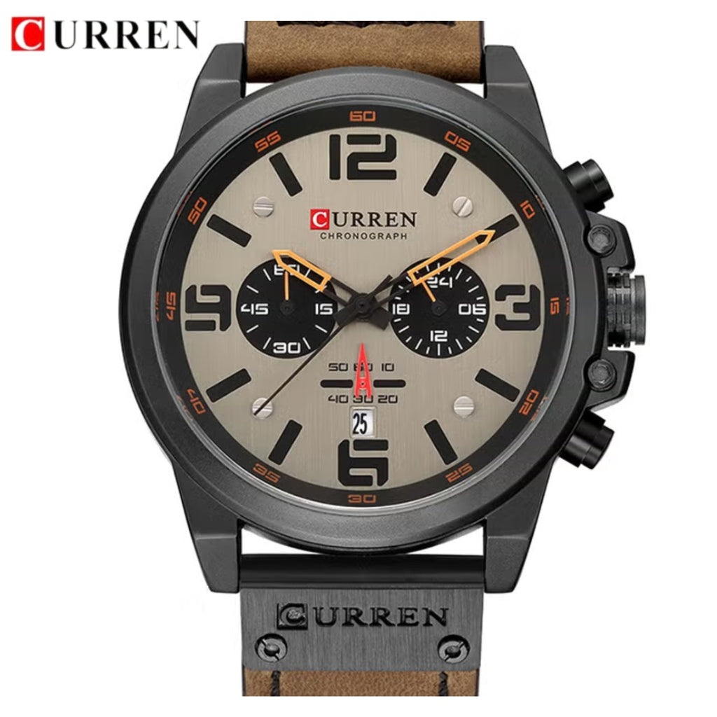 Curren 8314 Men Sport Chronograph Watch Top Fashion Genuine Leather Wristband Waterproof Quartz Light Brown