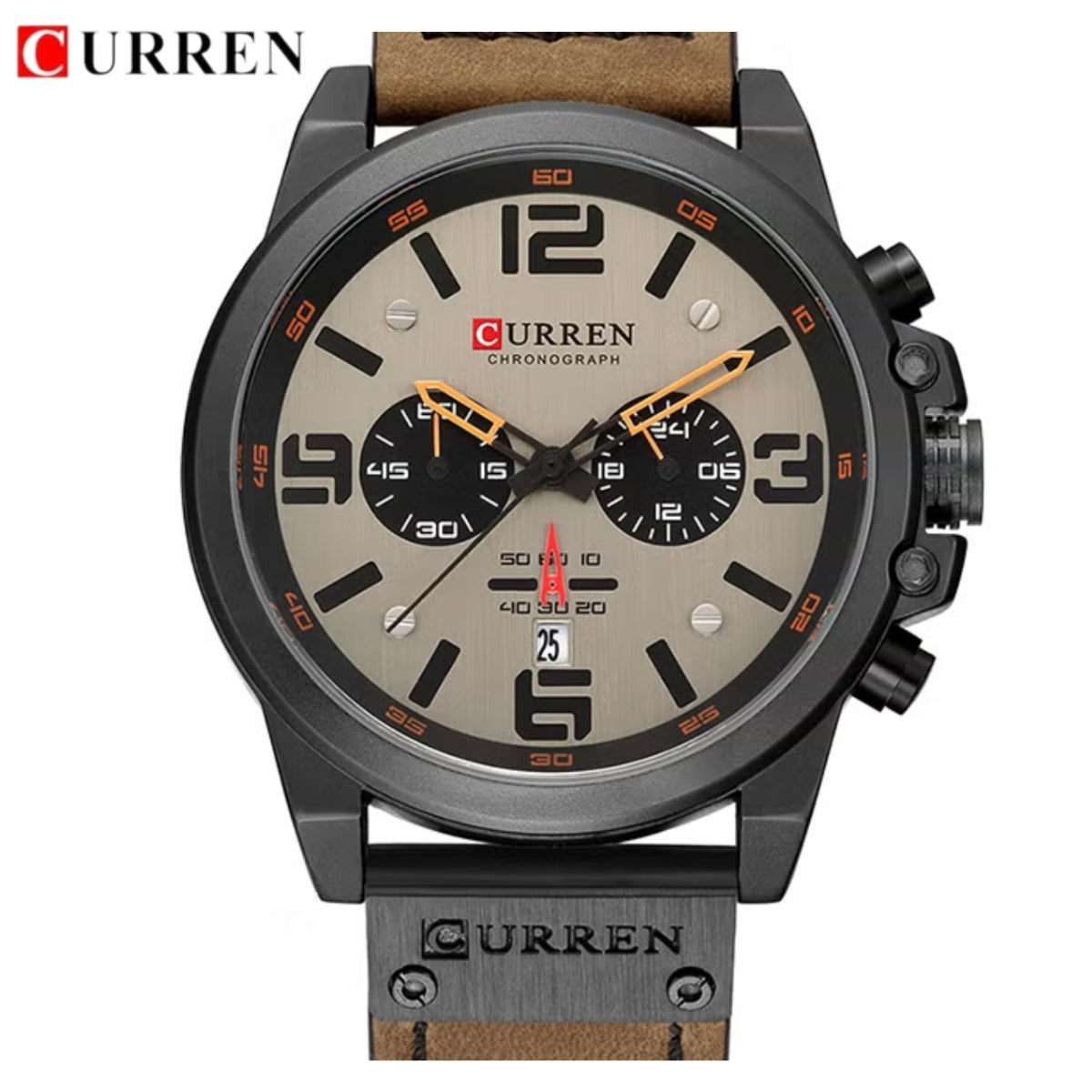 Curren 8314 Men Sport Chronograph Watch Top Fashion Genuine Leather Wristband Waterproof Quartz Light Brown