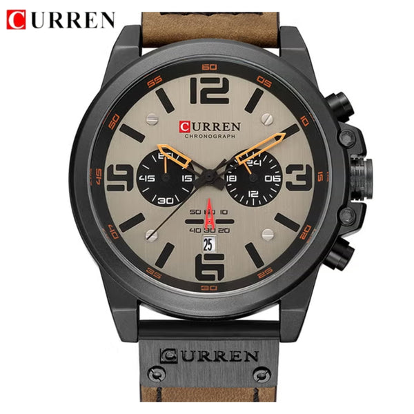 Curren 8314 Men Sport Chronograph Watch Top Fashion Genuine Leather Wristband Waterproof Quartz Light Brown