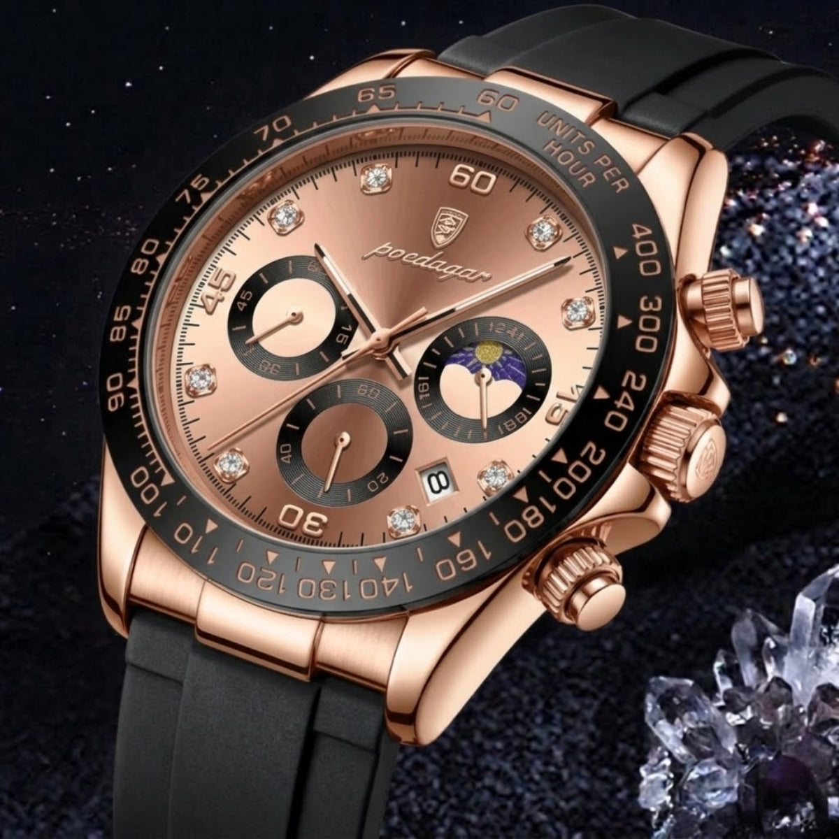POEDAGAR 629 Men’s Luxury Sport Watch – Stainless Steel Chronograph Quartz with Luminous Date & Waterproof Rose Gold