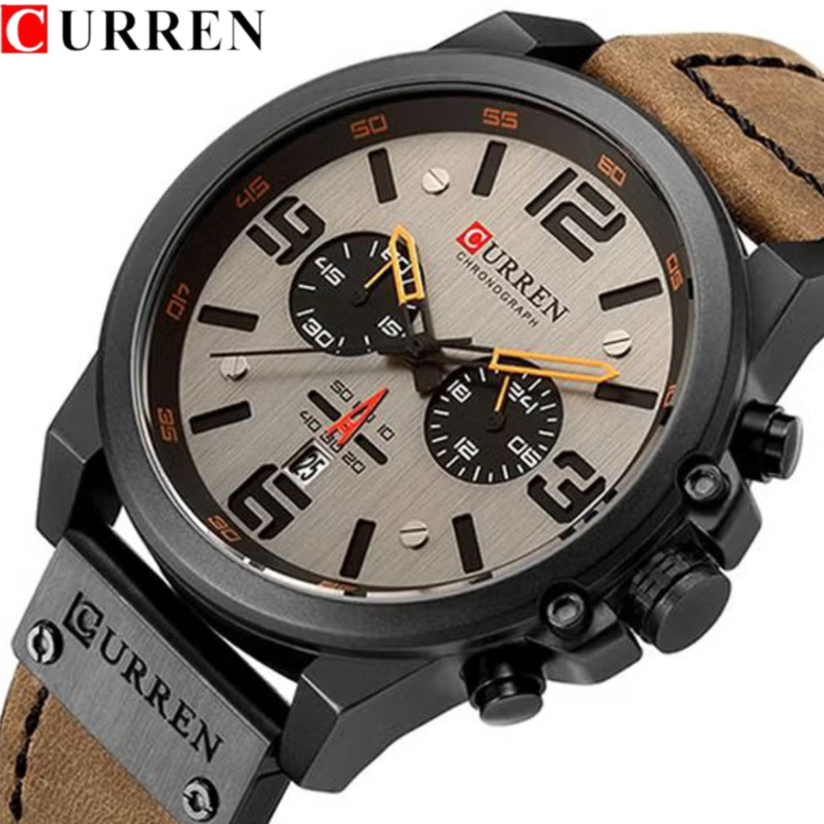 Curren 8314 Men Sport Chronograph Watch Top Fashion Genuine Leather Wristband Waterproof Quartz Light Brown