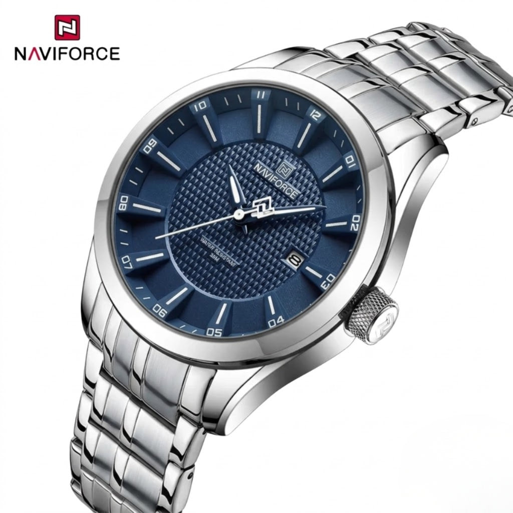 NAVIFORCE 8032 Men’s Stainless Steel Watch – Original Quartz Business Wristwatch - Silver and Blue