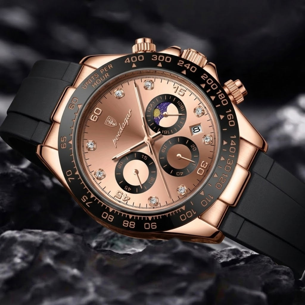 POEDAGAR 629 Men’s Luxury Sport Watch – Stainless Steel Chronograph Quartz with Luminous Date & Waterproof Rose Gold