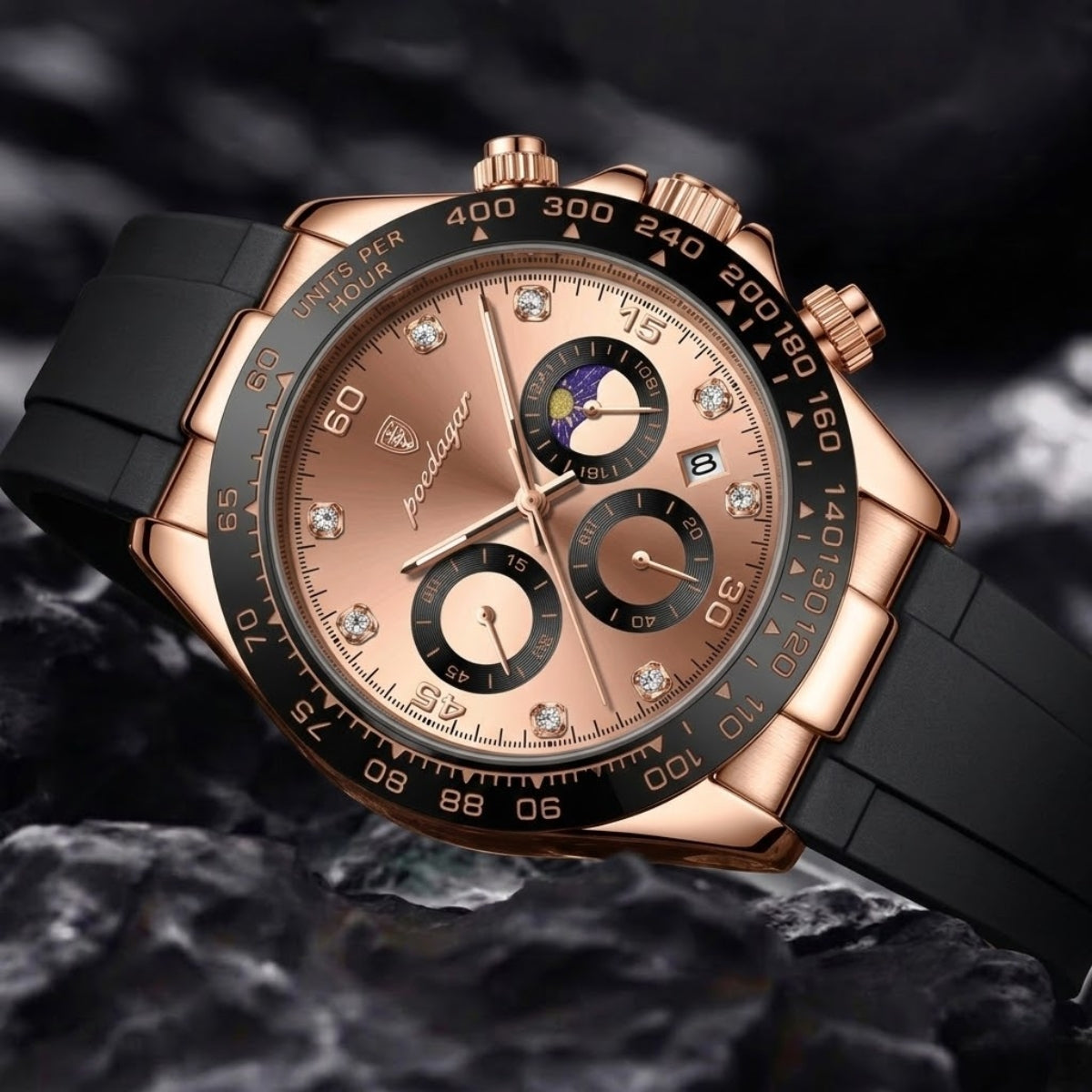 POEDAGAR 629 Men’s Luxury Sport Watch – Stainless Steel Chronograph Quartz with Luminous Date & Waterproof Rose Gold