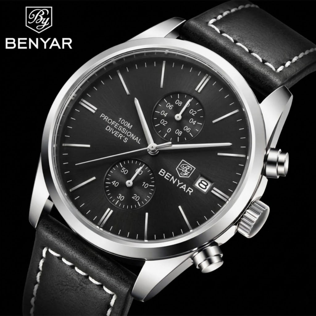 BENYAR 5187 Men’s Luxury Quartz Watch – Leather Band with Chronograph - Black and Silver