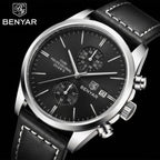 BENYAR 5187 Men’s Luxury Quartz Watch – Leather Band with Chronograph - Black and Silver