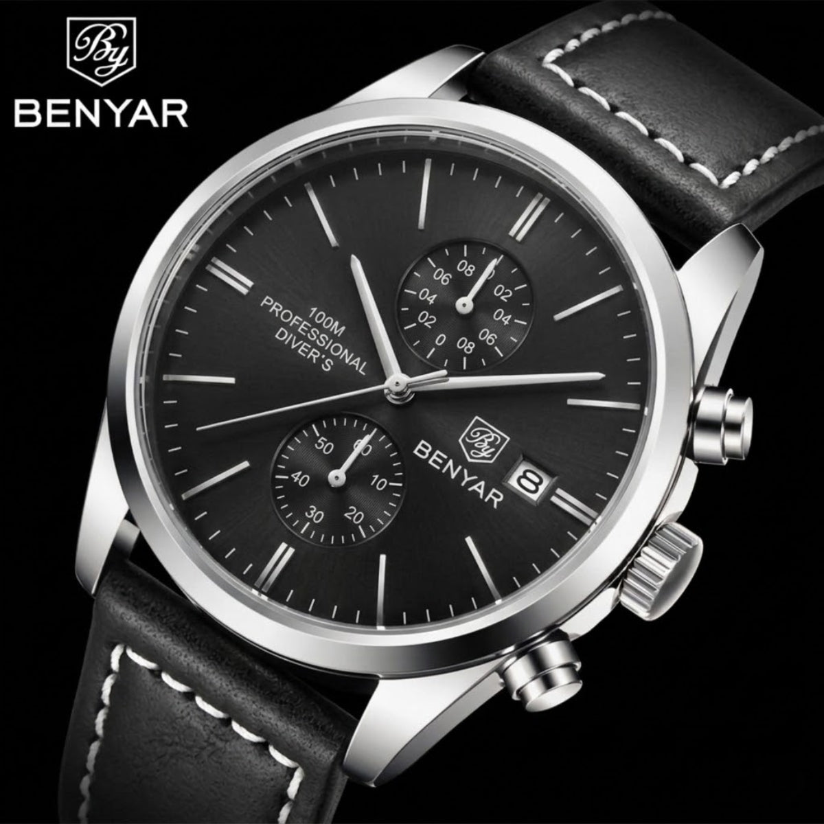 BENYAR 5187 Men’s Luxury Quartz Watch – Leather Band with Chronograph - Black and Silver